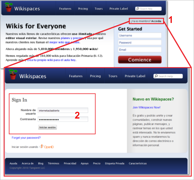 Iniciar sesión en Wikispaces