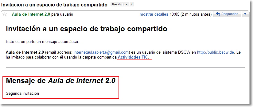 Mensaje de invitación a usuario registrado