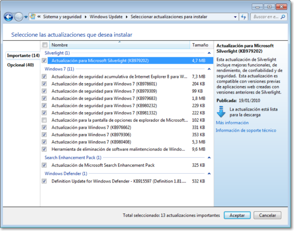 Seleccionar actualizaciones