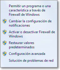 Menú de opciones del Firewall
