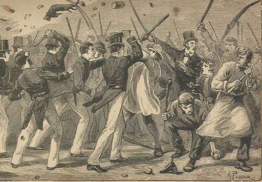La policía inglesa reprime una manifestación obrera. Grabado de 1860